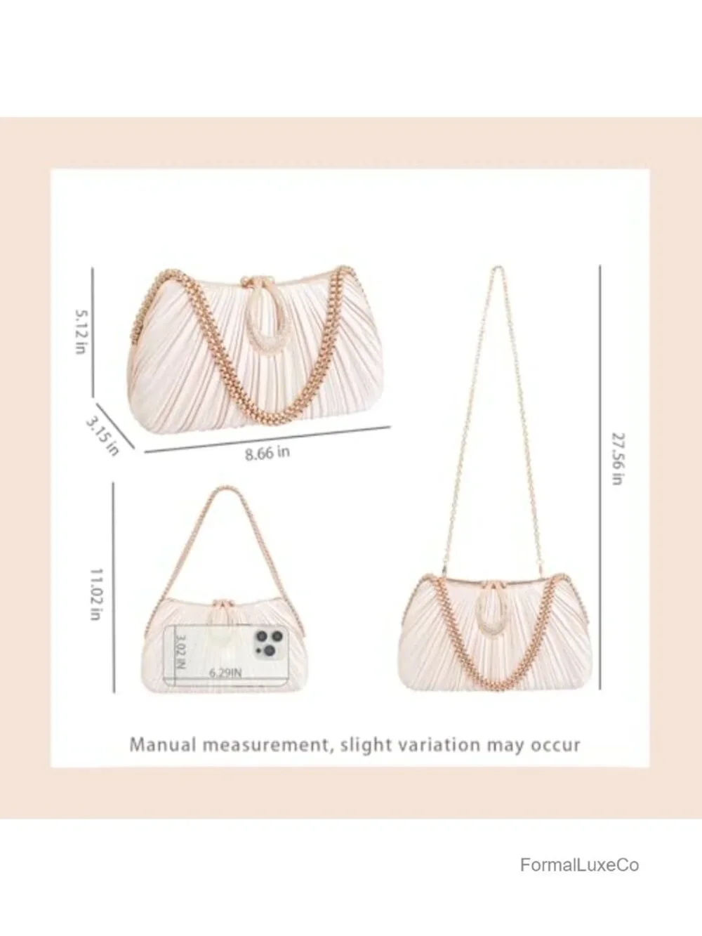 Pleated Satin Evening Clutch with Detachable Chain Strap, Metal Clasp, Formal